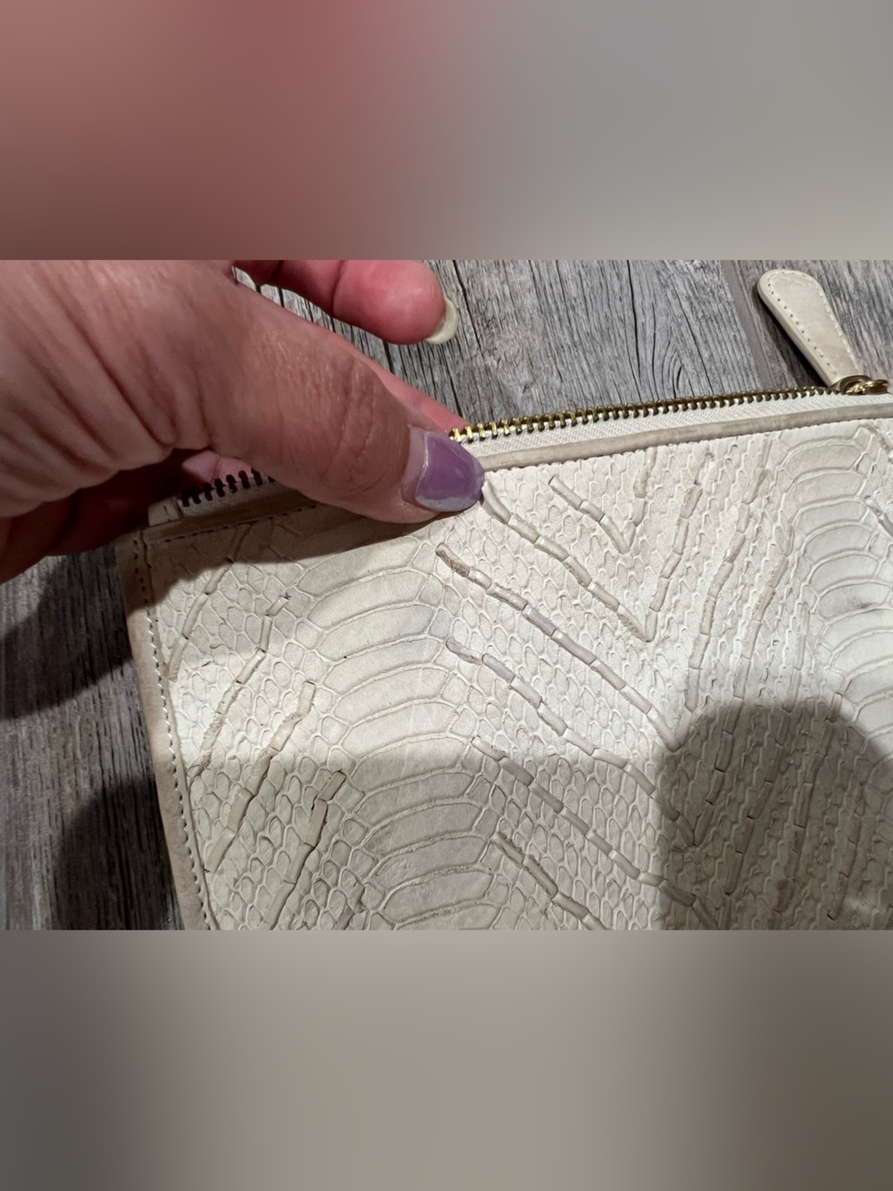 Monika Chiang Embossed Leather Top Zip Clutch Wallet Cream Snakeskin - Picture 7 of 7